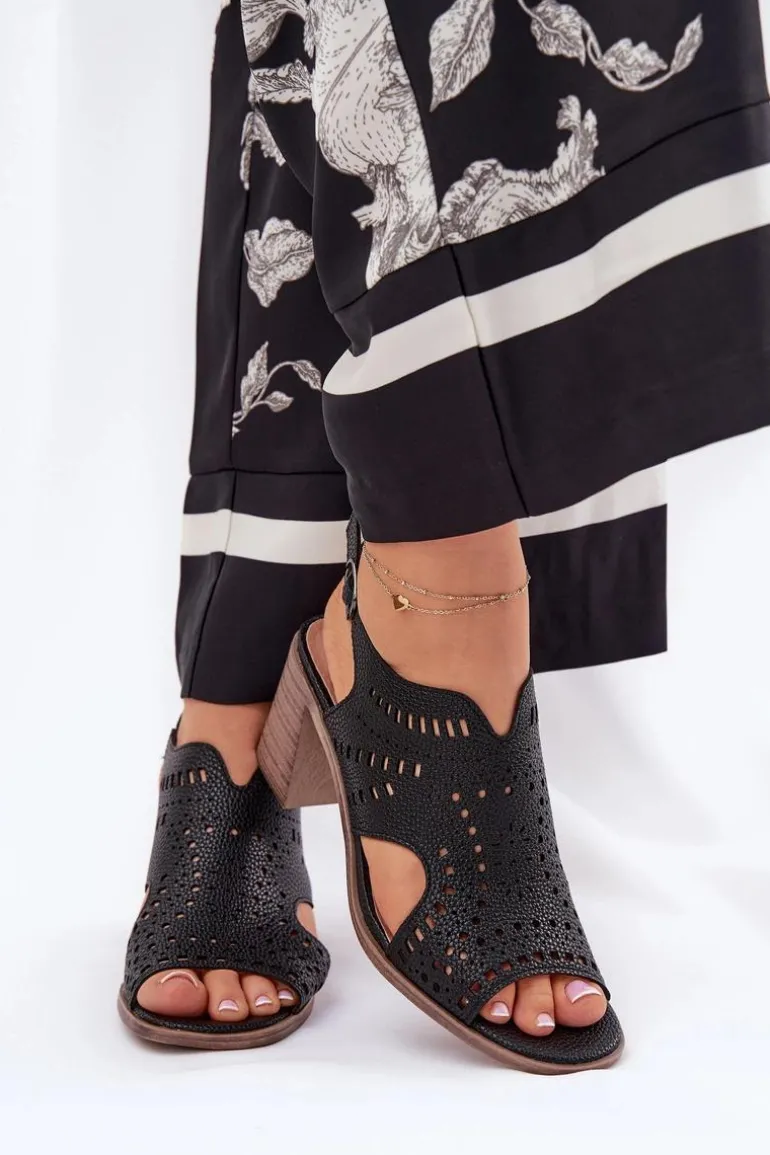 Ażurowe Sandały Damskie Na Słupku Czarne Tosine