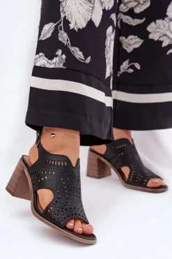Ażurowe Sandały Damskie Na Słupku Czarne Tosine