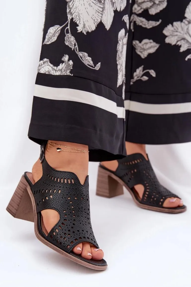 Ażurowe Sandały Damskie Na Słupku Czarne Tosine