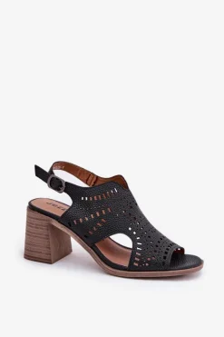 Ażurowe Sandały Damskie Na Słupku Czarne Tosine