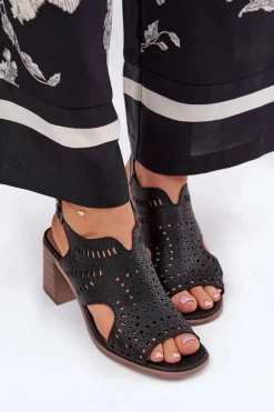 Ażurowe Sandały Damskie Na Słupku Czarne Tosine