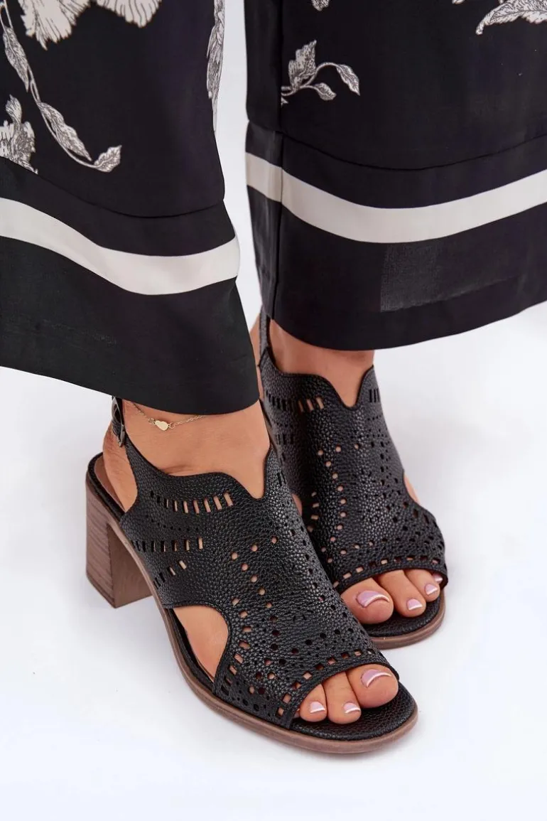 Ażurowe Sandały Damskie Na Słupku Czarne Tosine