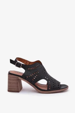 Ażurowe Sandały Damskie Na Słupku Czarne Tosine