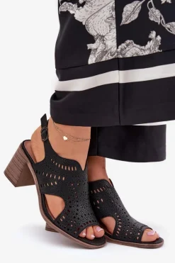 Ażurowe Sandały Damskie Na Słupku Czarne Tosine