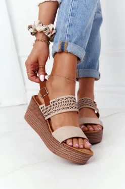 Ażurowe Sandały Na Koturnie S.Barski GD-47 Beżowe