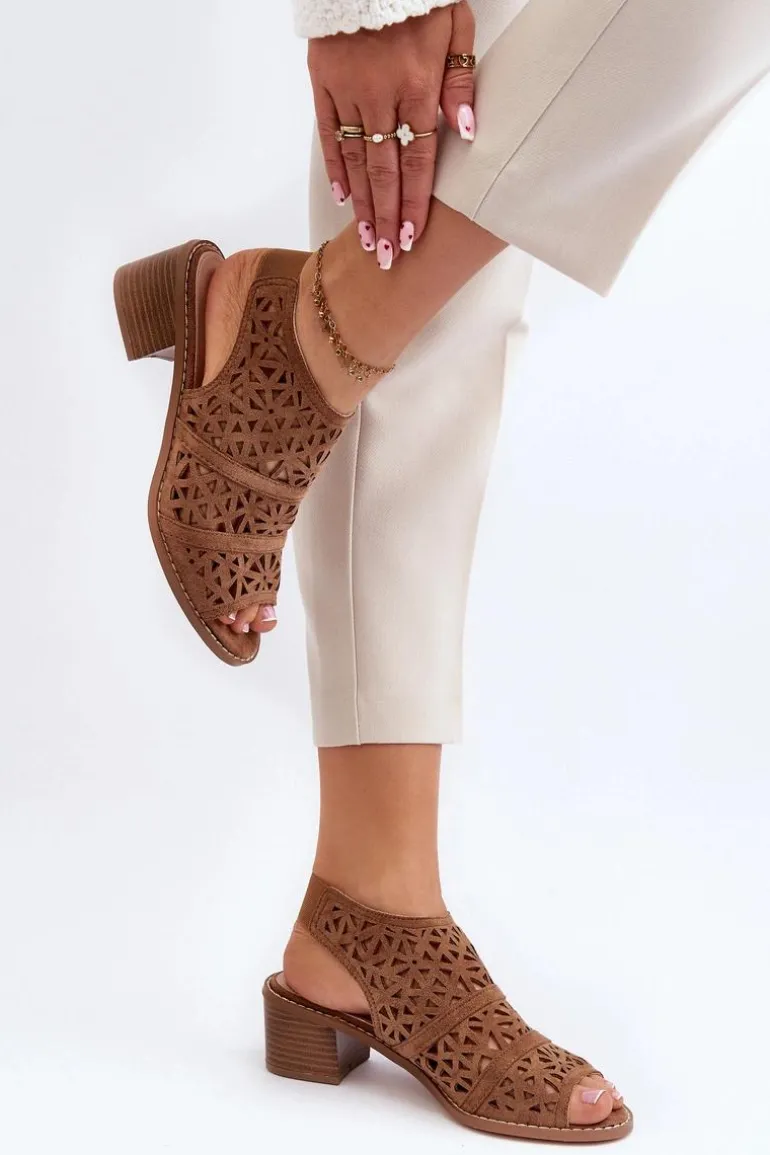 Ażurowe Sandały Na Obcasie Brązowe Serapina