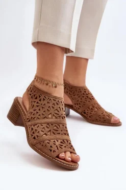 Ażurowe Sandały Na Obcasie Brązowe Serapina