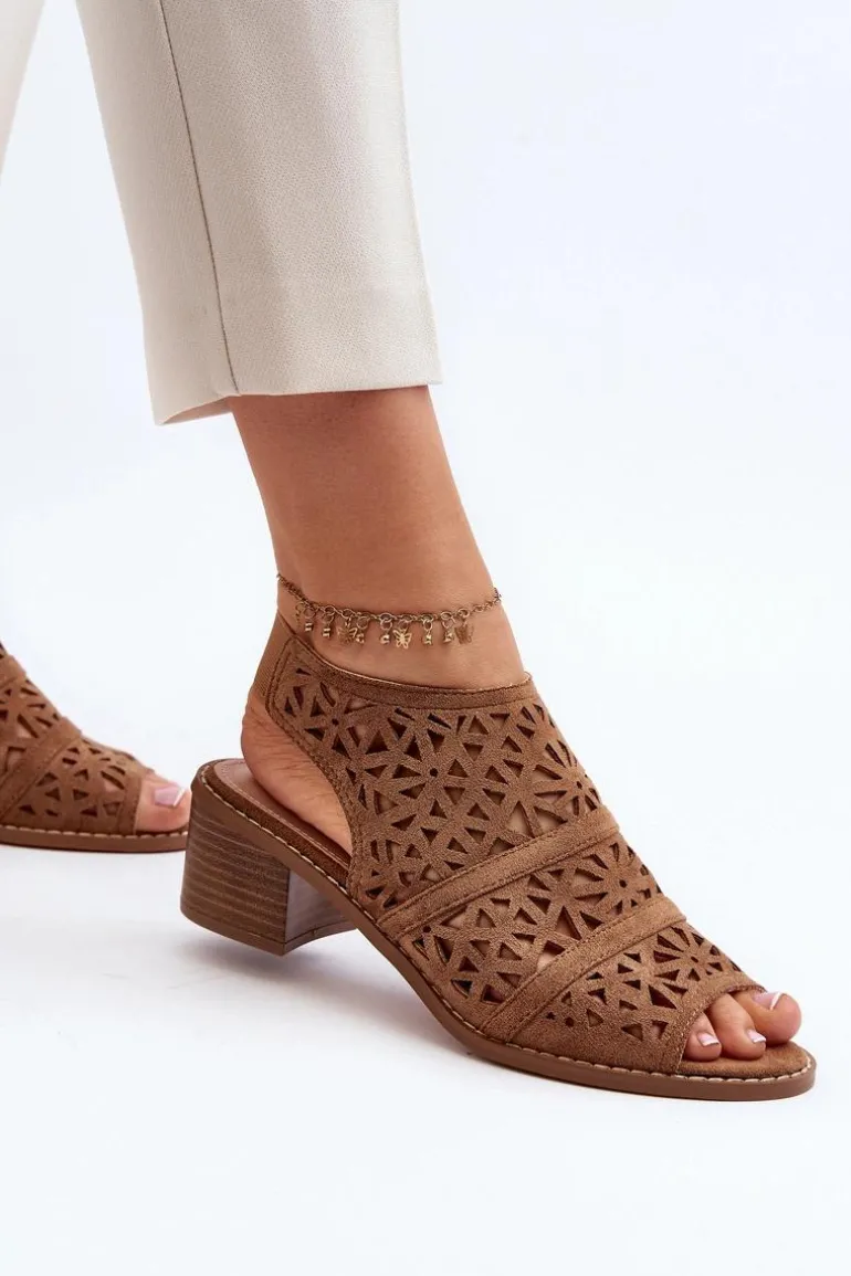 Ażurowe Sandały Na Obcasie Brązowe Serapina