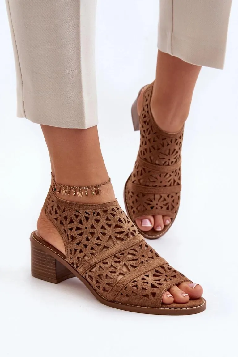 Ażurowe Sandały Na Obcasie Brązowe Serapina