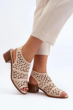 Ażurowe Sandały Na Obcasie Beżowe Serapina