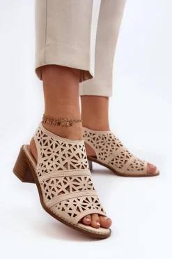 Ażurowe Sandały Na Obcasie Beżowe Serapina