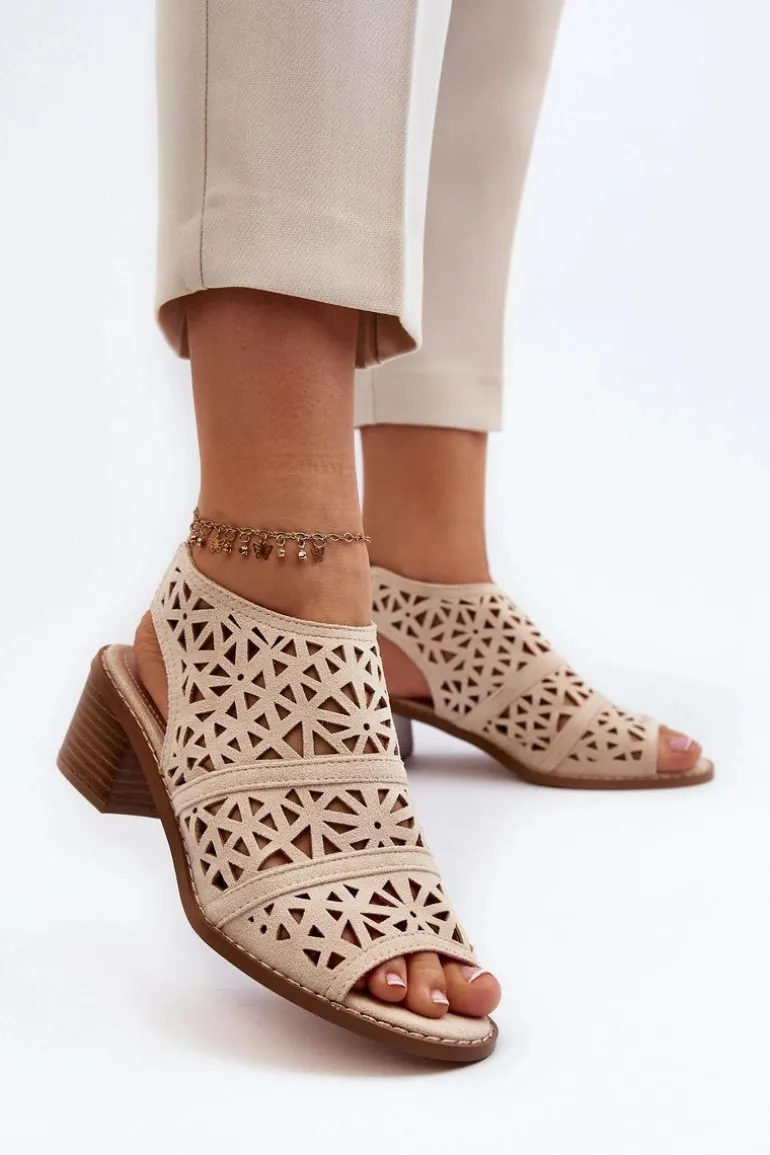 Ażurowe Sandały Na Obcasie Beżowe Serapina