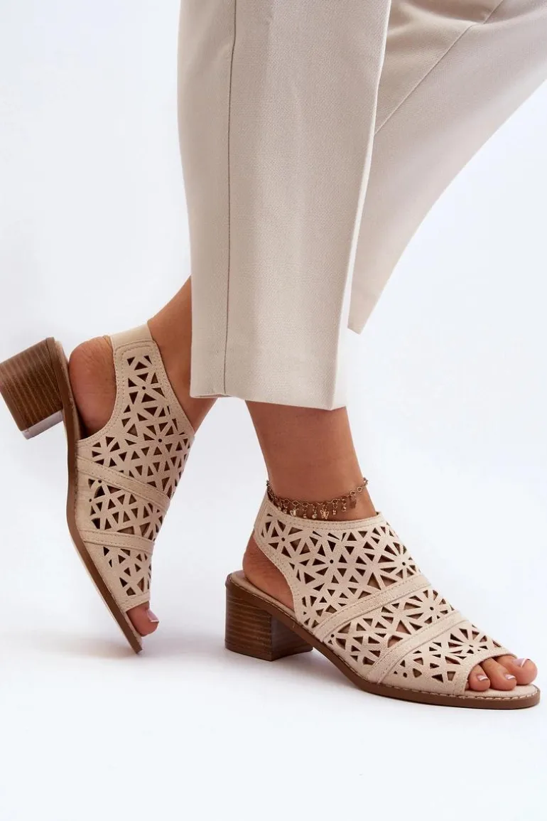 Ażurowe Sandały Na Obcasie Beżowe Serapina
