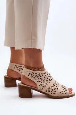 Ażurowe Sandały Na Obcasie Beżowe Serapina