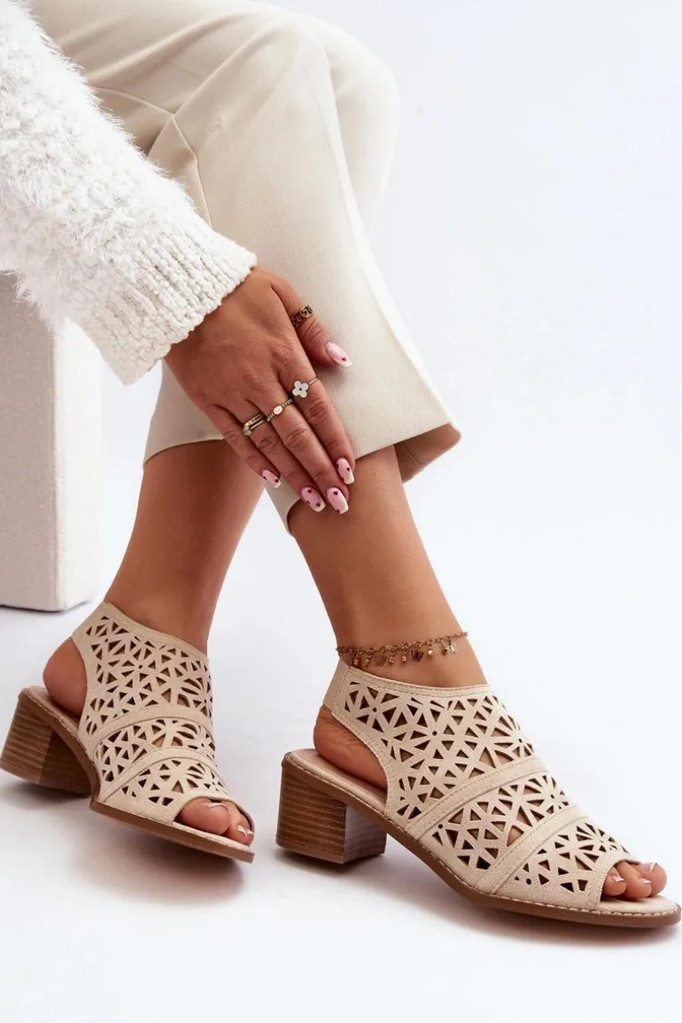 Ażurowe Sandały Na Obcasie Beżowe Serapina