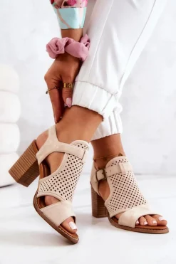 Ażurowe Sandały Na Słupku Beżowe Hey Lover
