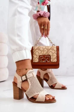 Ażurowe Sandały Na Słupku Beżowe Hey Lover