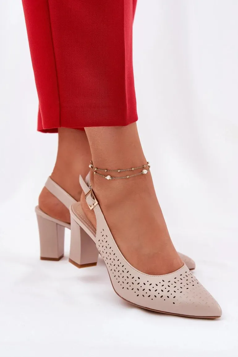 Ażurowe Sandały Ze Szpiczastymi Noskami Na Słupku Sergio Leone SK163 Beżowe