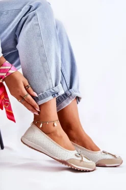 Ażurowe Skórzane Baleriny Biało-Beżowe Erdola