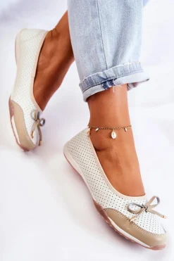 Ażurowe Skórzane Baleriny Biało-Beżowe Erdola