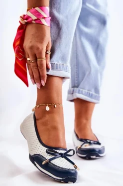 Ażurowe Skórzane Baleriny Biało-Granatowe Erdola