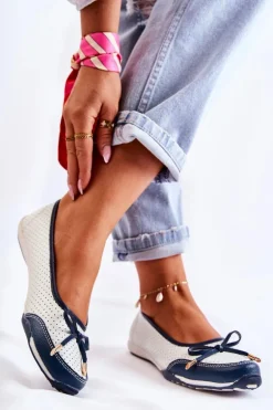 Ażurowe Skórzane Baleriny Biało-Granatowe Erdola