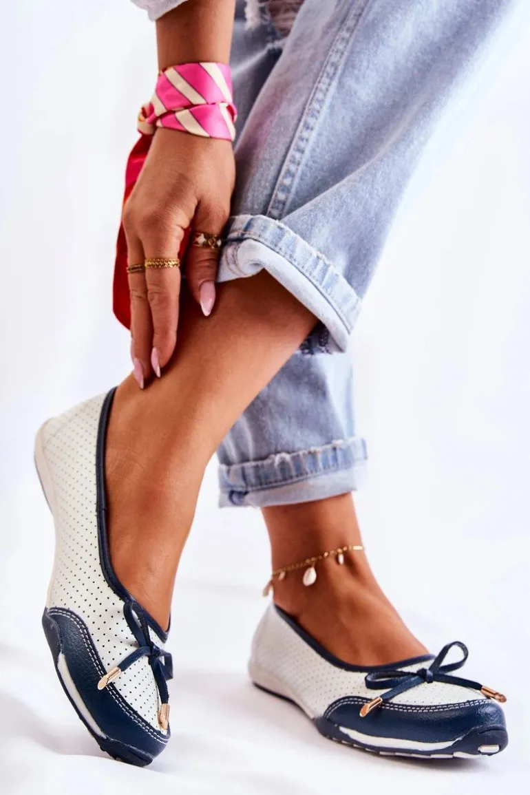 Ażurowe Skórzane Baleriny Biało-Granatowe Erdola