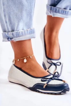 Ażurowe Skórzane Baleriny Biało-Granatowe Erdola