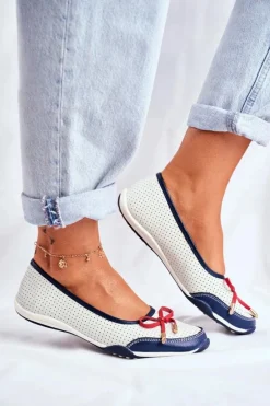 Ażurowe Skórzane Baleriny Biało-Czerwone Erdola