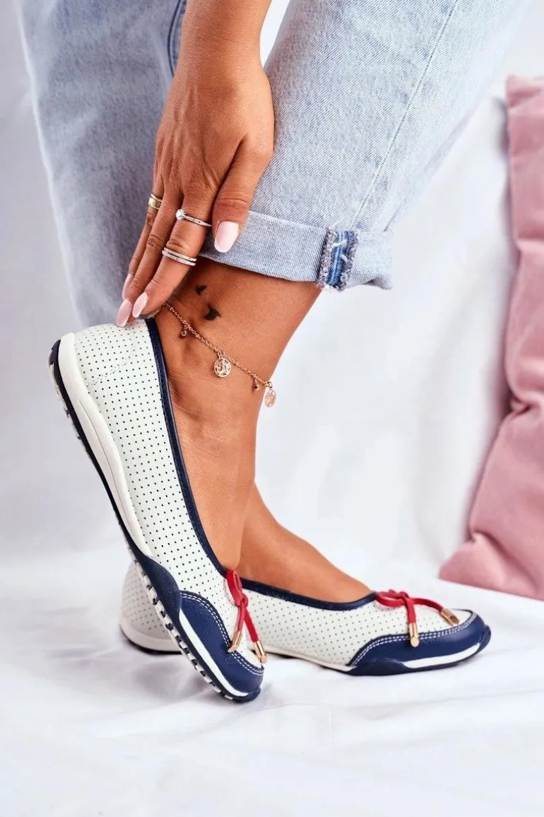 Ażurowe Skórzane Baleriny Biało-Czerwone Erdola