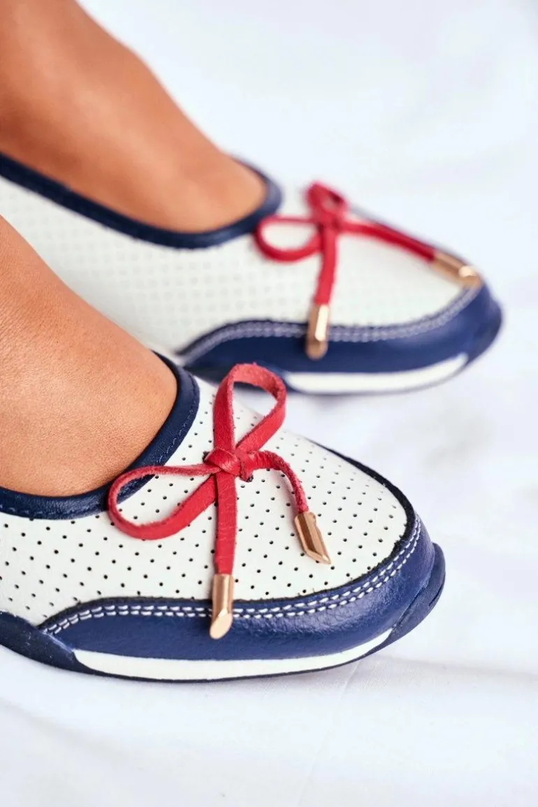 Ażurowe Skórzane Baleriny Biało-Czerwone Erdola