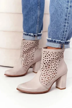 Ażurowe Skórzane Botki Na Słupku Exquisite 1219 Cappuccino