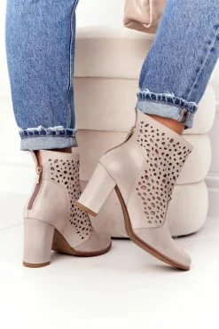 Ażurowe Skórzane Botki Na Słupku Exquisite 1219 Cappuccino