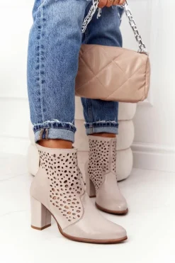 Ażurowe Skórzane Botki Na Słupku Exquisite 1219 Cappuccino