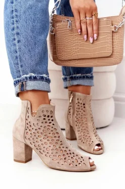 Ażurowe Skórzane Botki Na Słupku Exquisite 1184 Beżowe