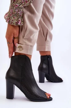 Ażurowe Skórzane Botki Na Słupku Czarne Florina