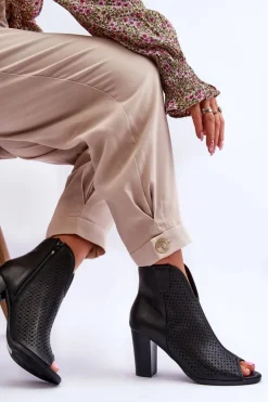 Ażurowe Skórzane Botki Na Słupku Czarne Florina