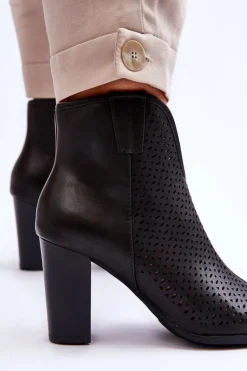 Ażurowe Skórzane Botki Na Słupku Czarne Florina
