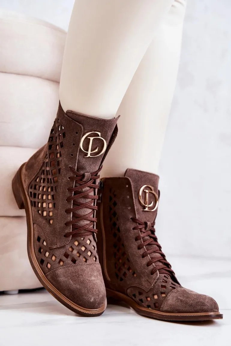 Ażurowe Skórzane Botki Nicole Brązowe 2695