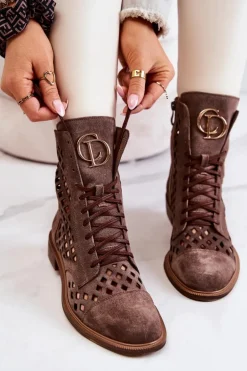 Ażurowe Skórzane Botki Nicole Brązowe 2695