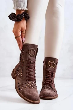 Ażurowe Skórzane Botki Nicole Brązowe 2695
