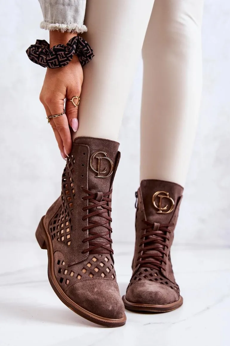 Ażurowe Skórzane Botki Nicole Brązowe 2695