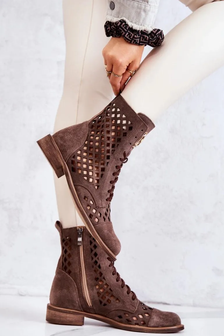 Ażurowe Skórzane Botki Nicole Brązowe 2695