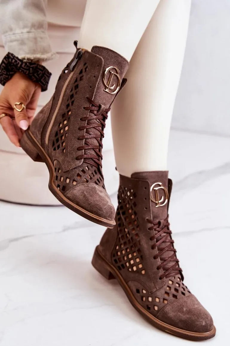 Ażurowe Skórzane Botki Nicole Brązowe 2695