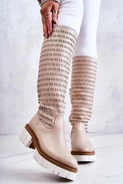 Ażurowe Skórzane Kozaki Na Suwak Beżowe Lativia