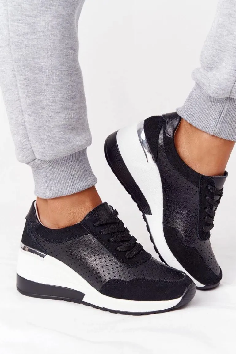 Ażurowe Skórzane Sneakersy Na Koturnie S.Barski Czarne