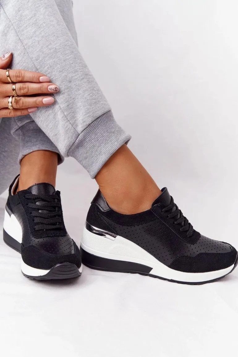 Ażurowe Skórzane Sneakersy Na Koturnie S.Barski Czarne