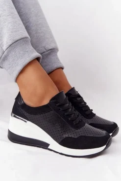 Ażurowe Skórzane Sneakersy Na Koturnie S.Barski Czarne