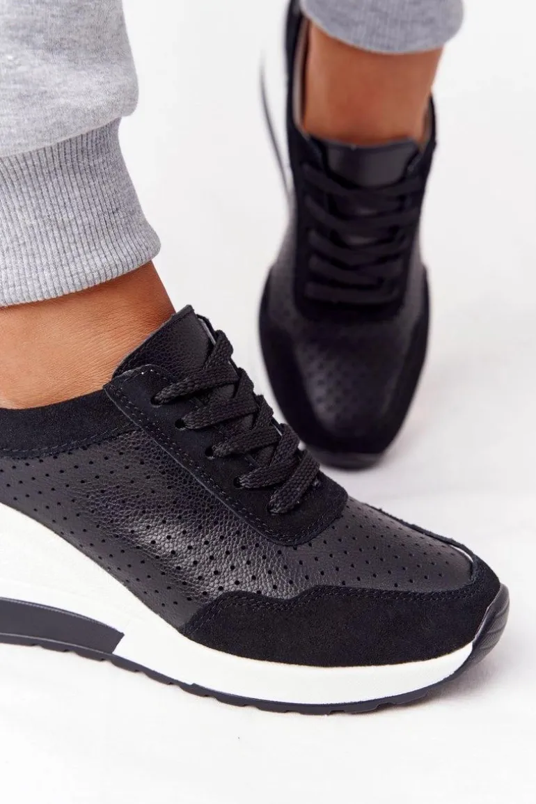 Ażurowe Skórzane Sneakersy Na Koturnie S.Barski Czarne