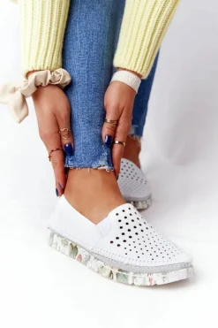 Ażurowe Skórzane Tenisówki Półbuty Slip-On Maciejka Białe 03512B-11